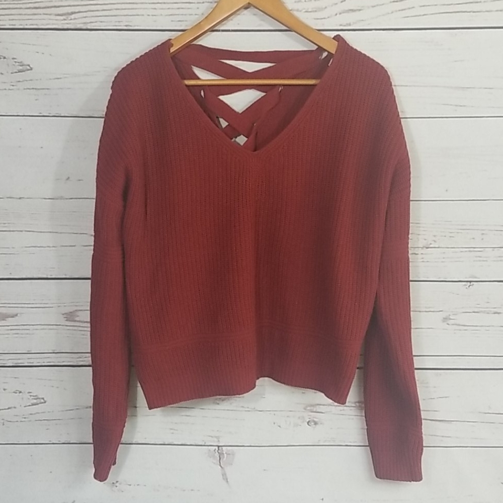 Active USA Criss Cross Back V Neck Sweater